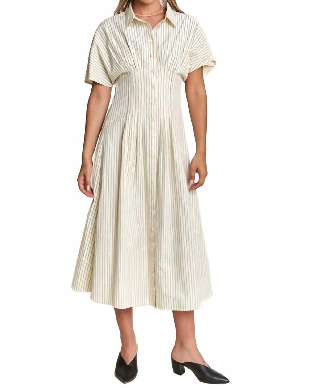 NEW IN THE BEGINNING pleated button front midi dress in ivory stripe